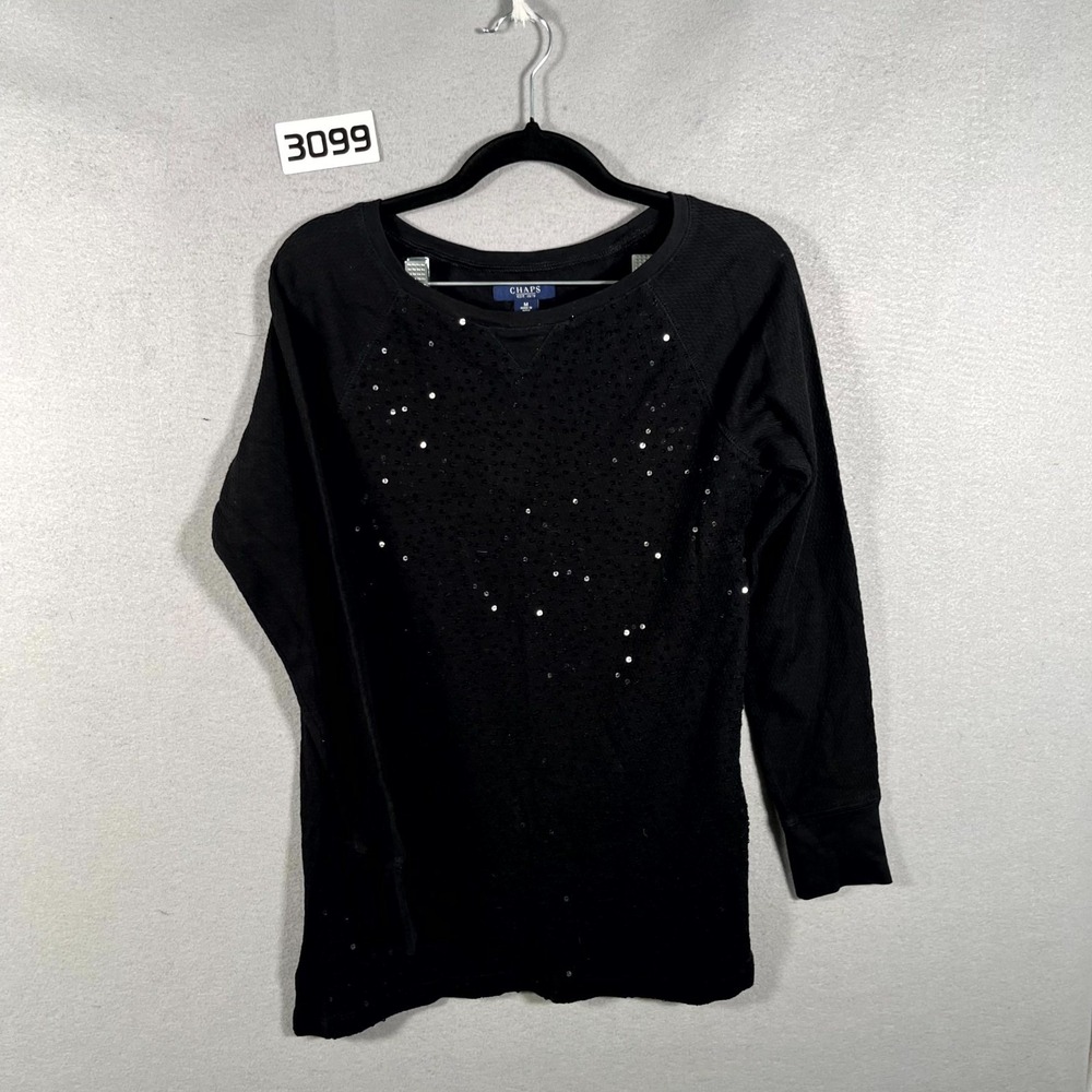 Chaps Shirt Womens M Black Cotton Sequin Raglan Sleeve Waffle Knit Round‎ Neck
